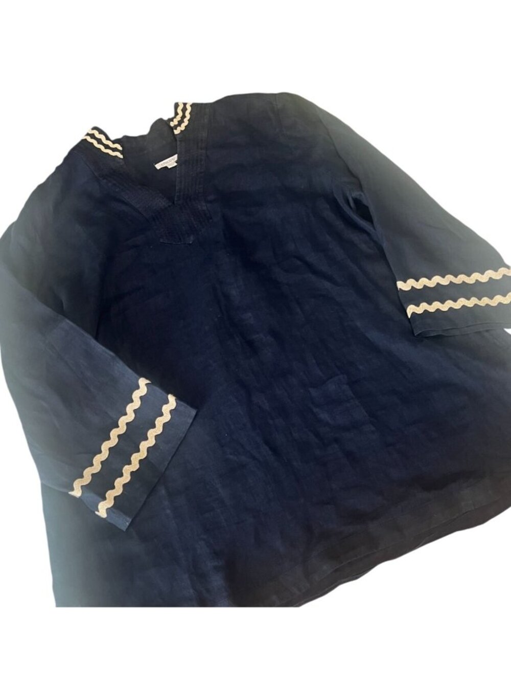 Chico's Blue Long Sleeve ric r Rac Trim V Neck Linen Pullover Top Size 18